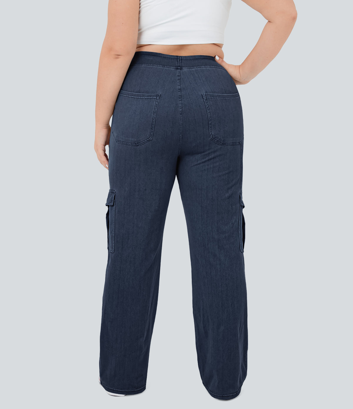 Mid Rise Pockets Straight Leg Plus Size Casual Cargo Jeans — Washed Denim Navy Blue — view 2
