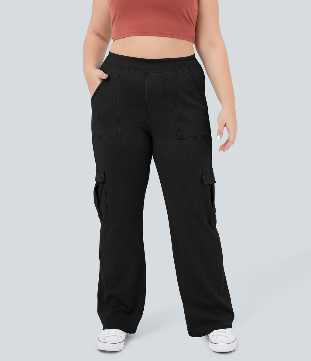 Mid Rise Pockets Straight Leg Plus Size Casual Cargo Jeans — Black Denim — view 4