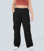 Mid Rise Pockets Straight Leg Plus Size Casual Cargo Jeans — Black Denim — view 4
