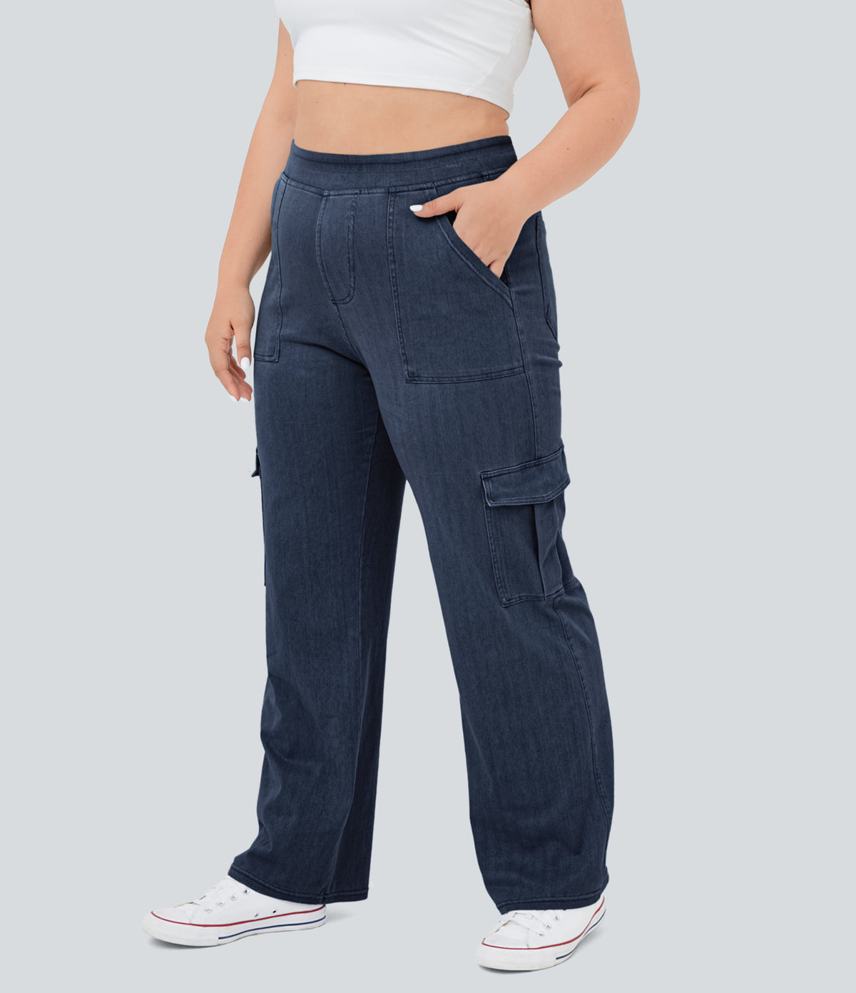 Mid Rise Pockets Straight Leg Plus Size Casual Cargo Jeans — Washed Denim Navy Blue — view 3