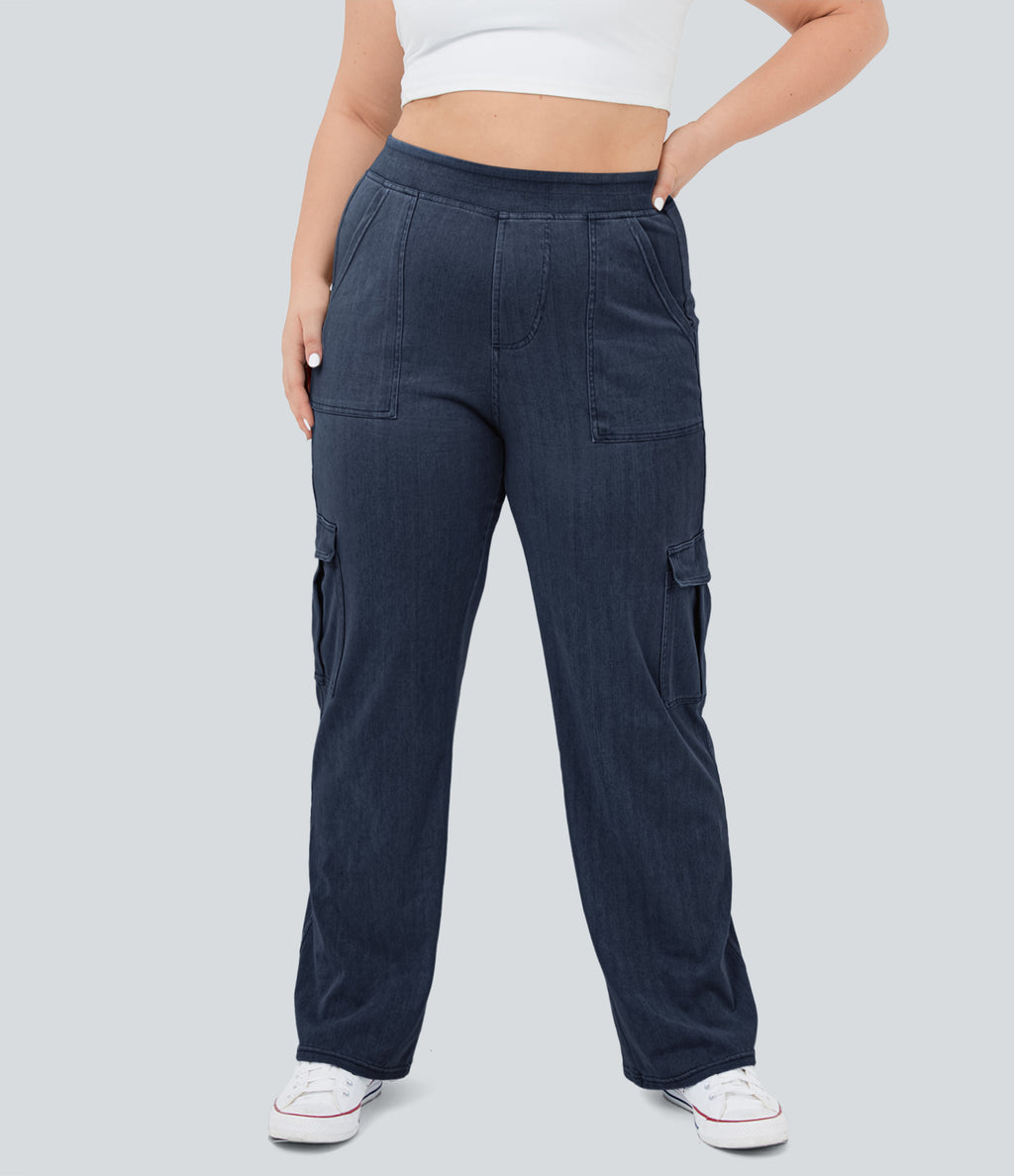 Mid Rise Pockets Straight Leg Plus Size Casual Cargo Jeans — Washed Denim Navy Blue — view 1
