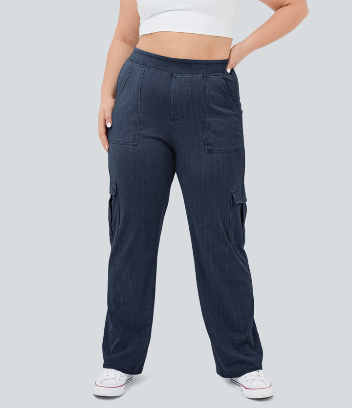 Mid Rise Pockets Straight Leg Plus Size Casual Cargo Jeans — Washed Denim Navy Blue — view 1