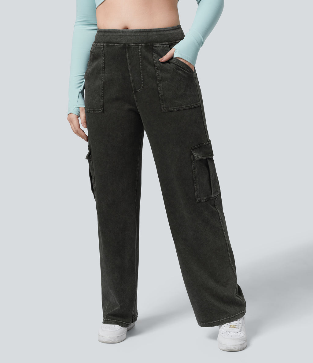 Mid Rise Pockets Straight Leg Plus Size Casual Cargo Jeans — Hemp Rope Black Denim — view 6