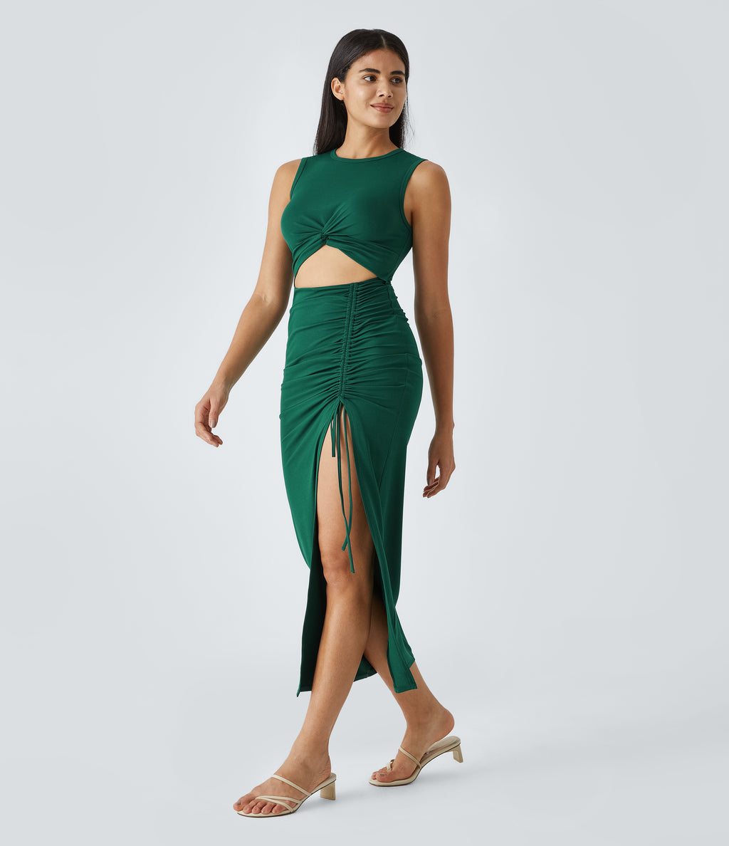 Round Neck Twisted Cut Out Ruched Drawstring Split Hem Bodycon Maxi Casual Dress — Rain Forest — view 3