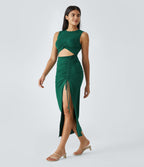 Round Neck Twisted Cut Out Ruched Drawstring Split Hem Bodycon Maxi Casual Dress — Rain Forest — view 3