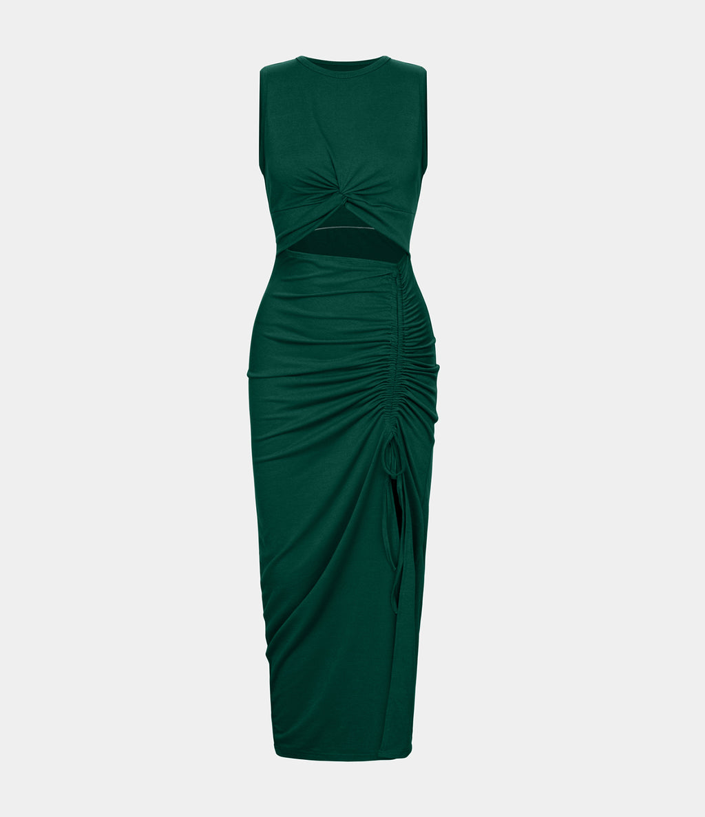 Round Neck Twisted Cut Out Ruched Drawstring Split Hem Bodycon Maxi Casual Dress — Rain Forest — view 6
