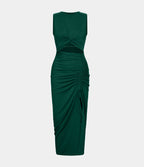 Round Neck Twisted Cut Out Ruched Drawstring Split Hem Bodycon Maxi Casual Dress — Rain Forest — view 6