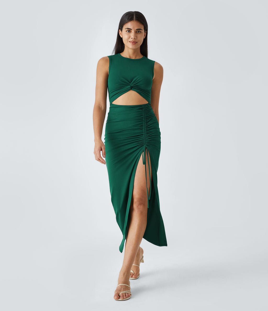 Round Neck Twisted Cut Out Ruched Drawstring Split Hem Bodycon Maxi Casual Dress — Rain Forest — view 1