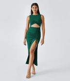 Round Neck Twisted Cut Out Ruched Drawstring Split Hem Bodycon Maxi Casual Dress — Rain Forest — view 5