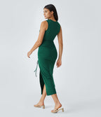 Round Neck Twisted Cut Out Ruched Drawstring Split Hem Bodycon Maxi Casual Dress — Rain Forest — view 2