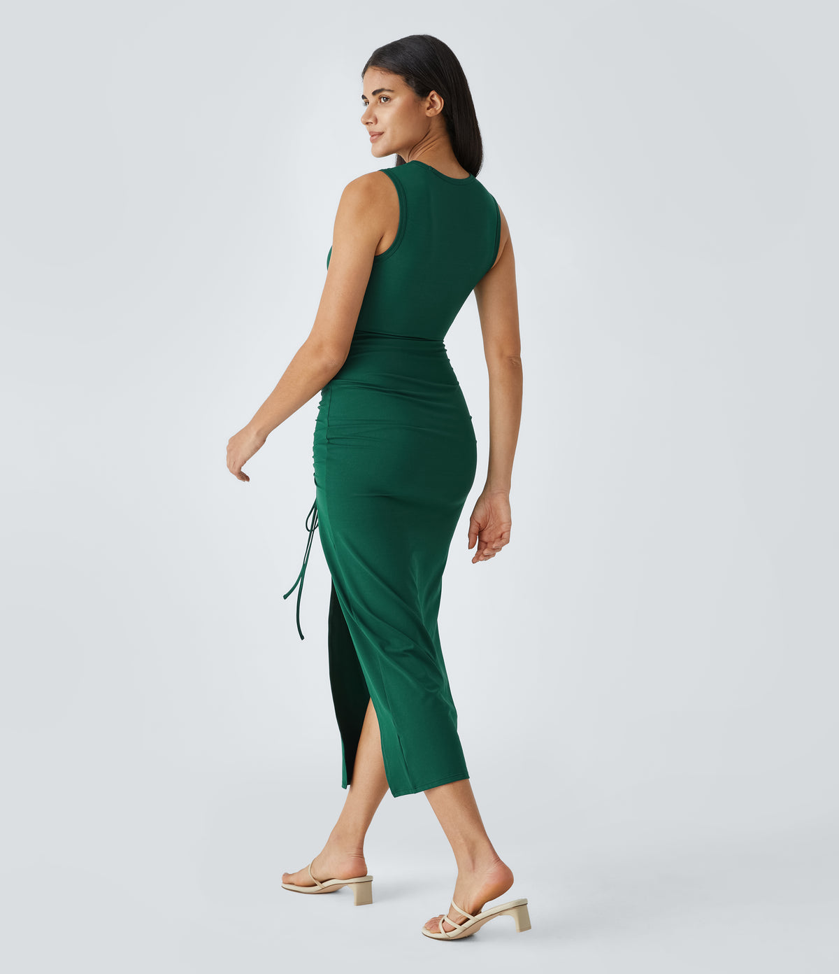 Round Neck Twisted Cut Out Ruched Drawstring Split Hem Bodycon Maxi Casual Dress — Rain Forest — view 2