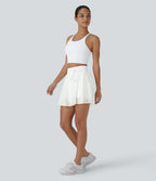 High Waisted Drawstring Contrast Mesh 2-in-1 Pocket Flowy Mini Flare Casual Skirt — White — view 6