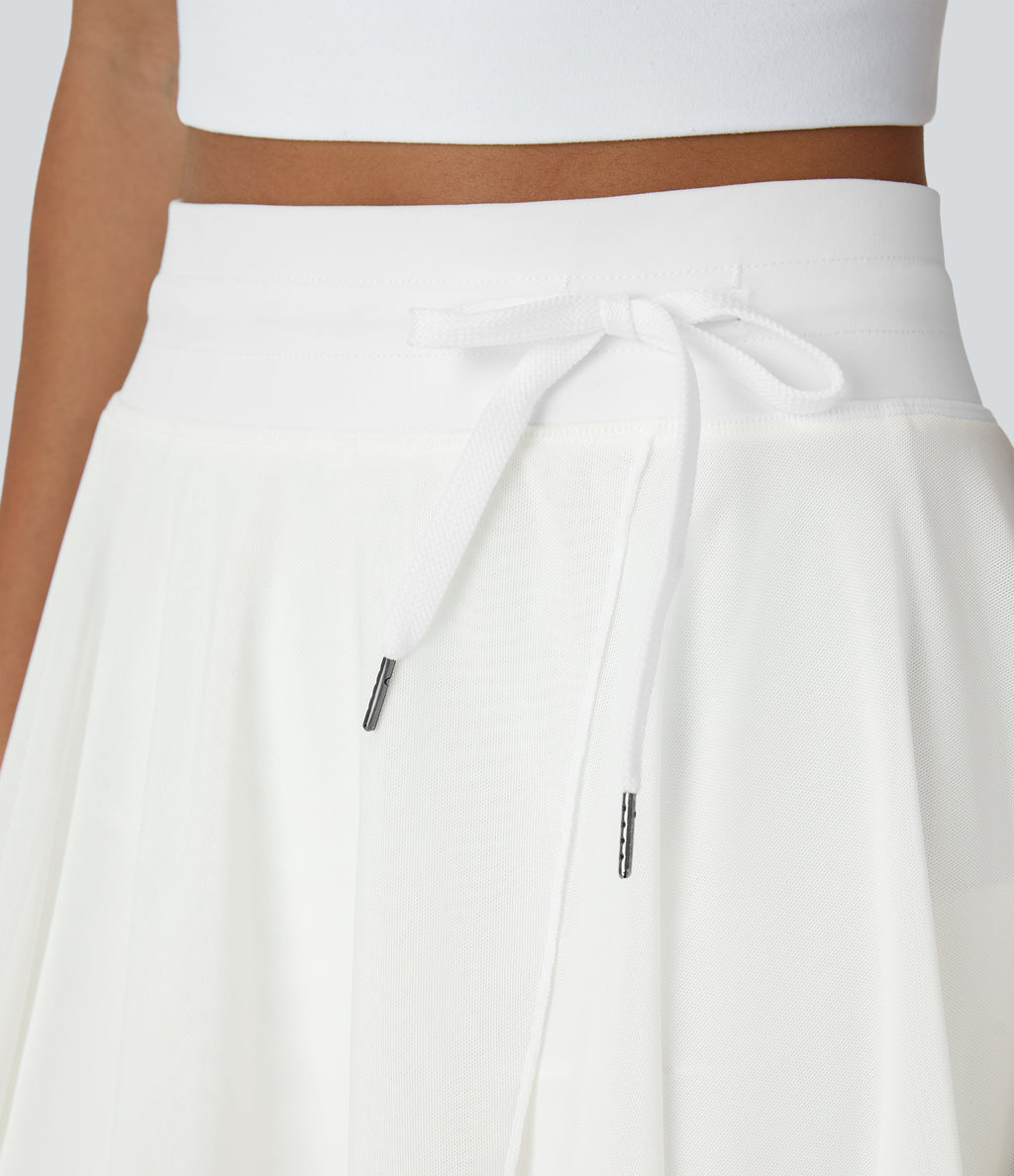 High Waisted Drawstring Contrast Mesh 2-in-1 Pocket Flowy Mini Flare Casual Skirt — White — view 5