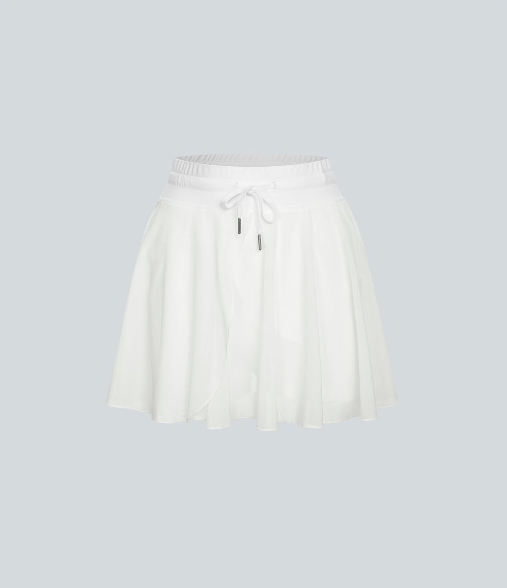 High Waisted Drawstring Contrast Mesh 2-in-1 Pocket Flowy Mini Flare Casual Skirt — White — view 7