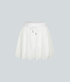 High Waisted Drawstring Contrast Mesh 2-in-1 Pocket Flowy Mini Flare Casual Skirt — White — view 7