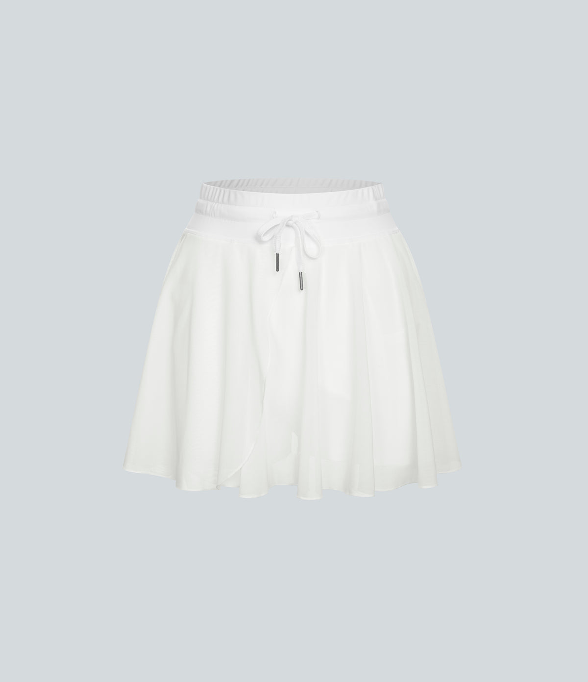 High Waisted Drawstring Contrast Mesh 2-in-1 Pocket Flowy Mini Flare Casual Skirt — White — view 7