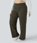 High Waisted Pockets Straight Leg Casual Plus Size Trousers — Forest Night — view 4