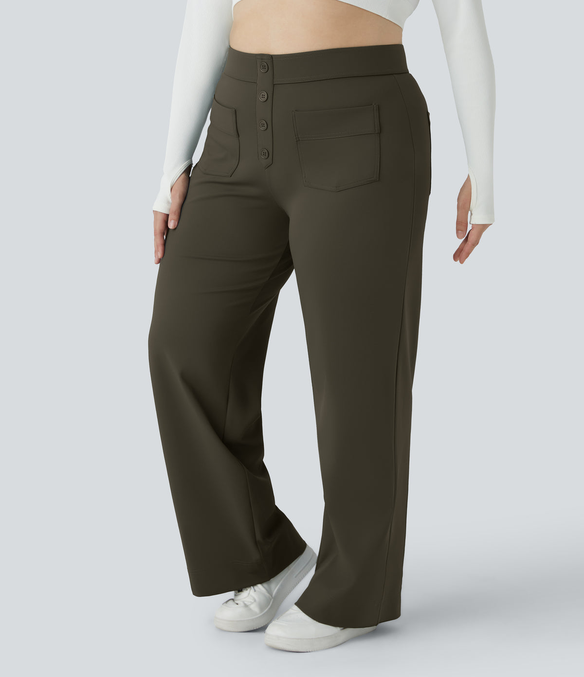 High Waisted Pockets Straight Leg Casual Plus Size Trousers — Forest Night — view 4
