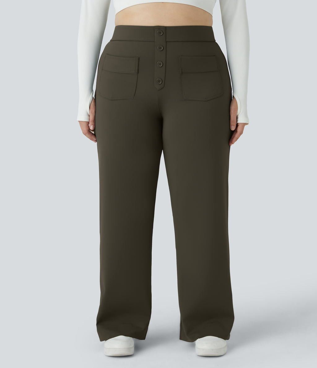 High Waisted Pockets Straight Leg Casual Plus Size Trousers — Forest Night — view 1