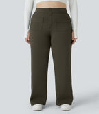 High Waisted Pockets Straight Leg Casual Plus Size Trousers — Forest Night — view 1