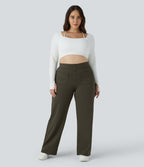 High Waisted Pockets Straight Leg Casual Plus Size Trousers — Forest Night — view 2