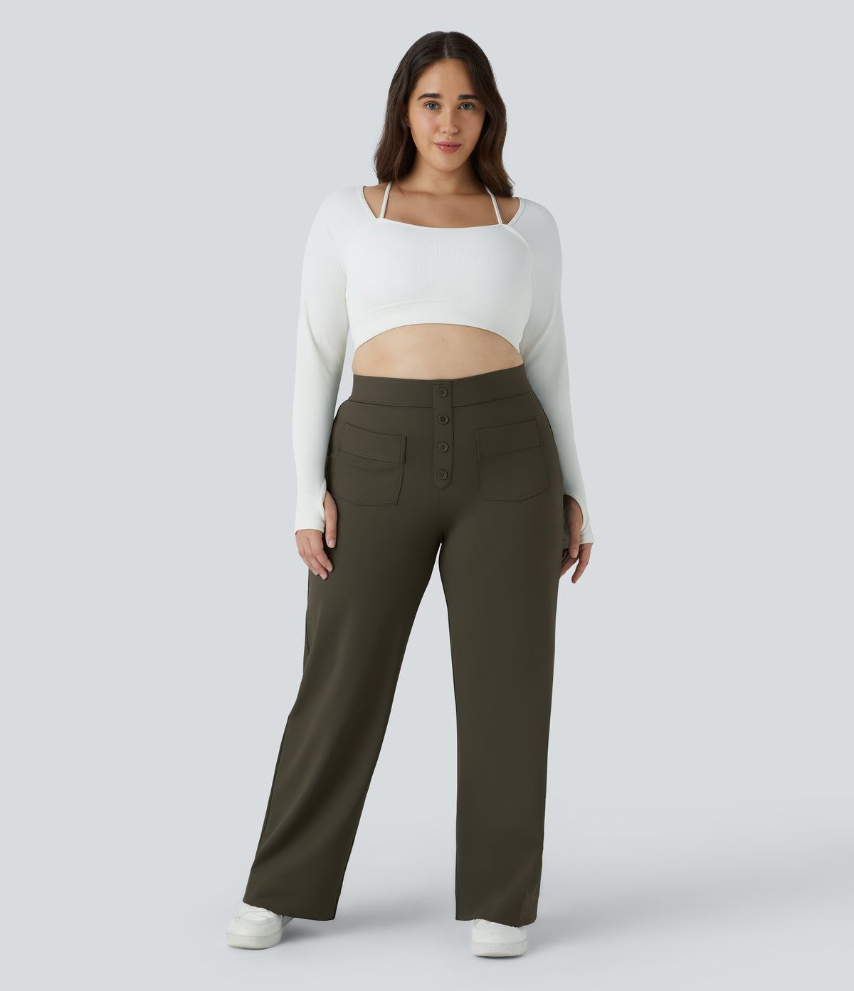 High Waisted Pockets Straight Leg Casual Plus Size Trousers — Forest Night — view 2