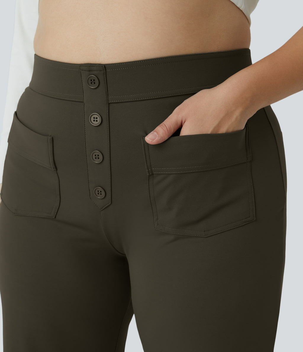 High Waisted Pockets Straight Leg Casual Plus Size Trousers — Forest Night — view 5