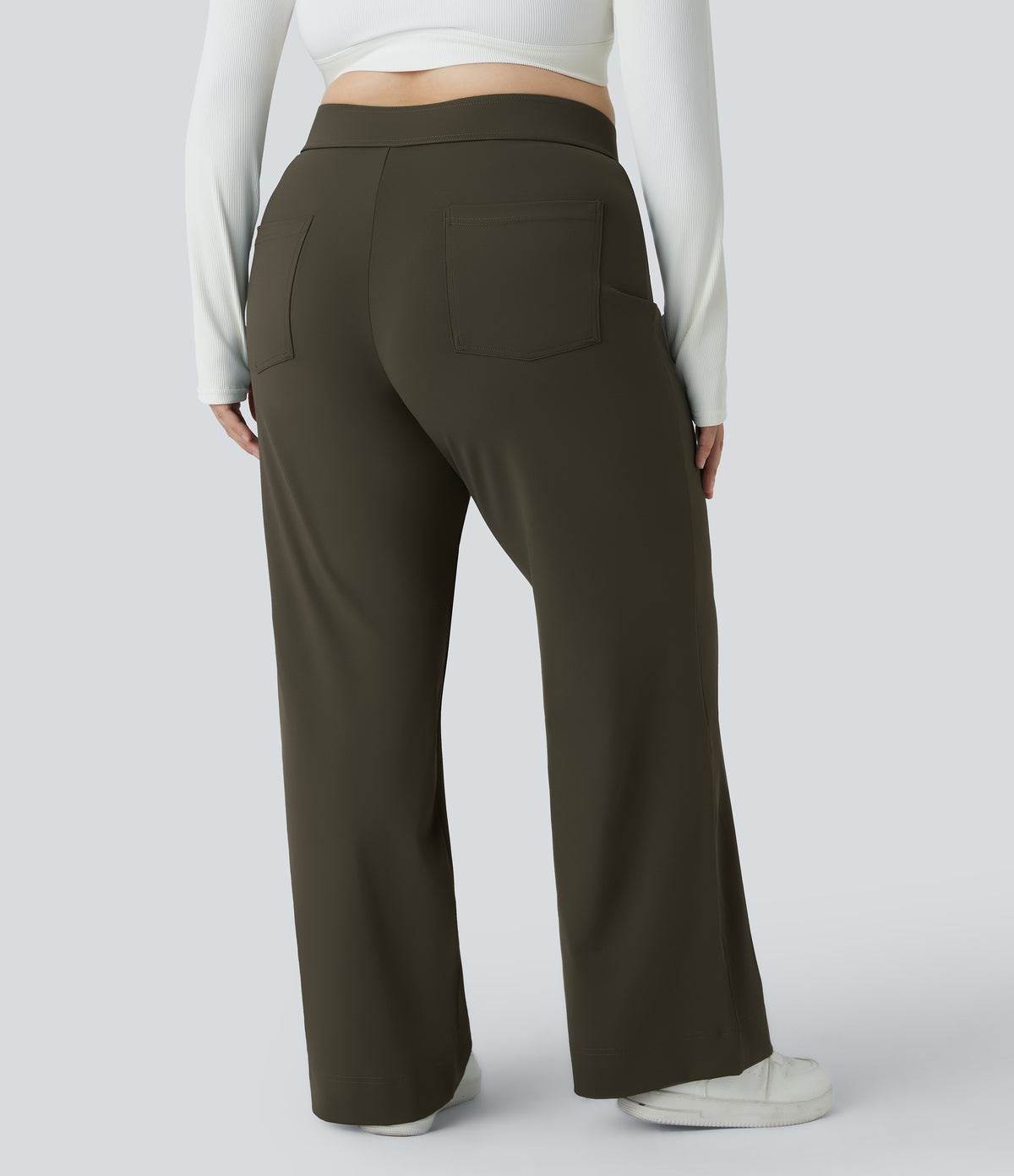 High Waisted Pockets Straight Leg Casual Plus Size Trousers — Forest Night — view 3