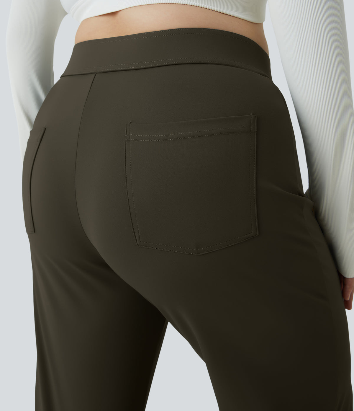 High Waisted Pockets Straight Leg Casual Plus Size Trousers — Forest Night — view 6