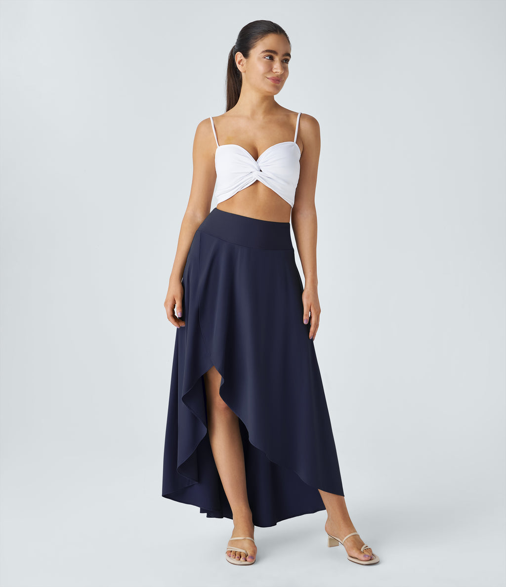 High Waisted High Low Ruffle 2-in-1 Flowy Quick Dry Casual Regular Maxi Skirt — Patriot Blue — view 8