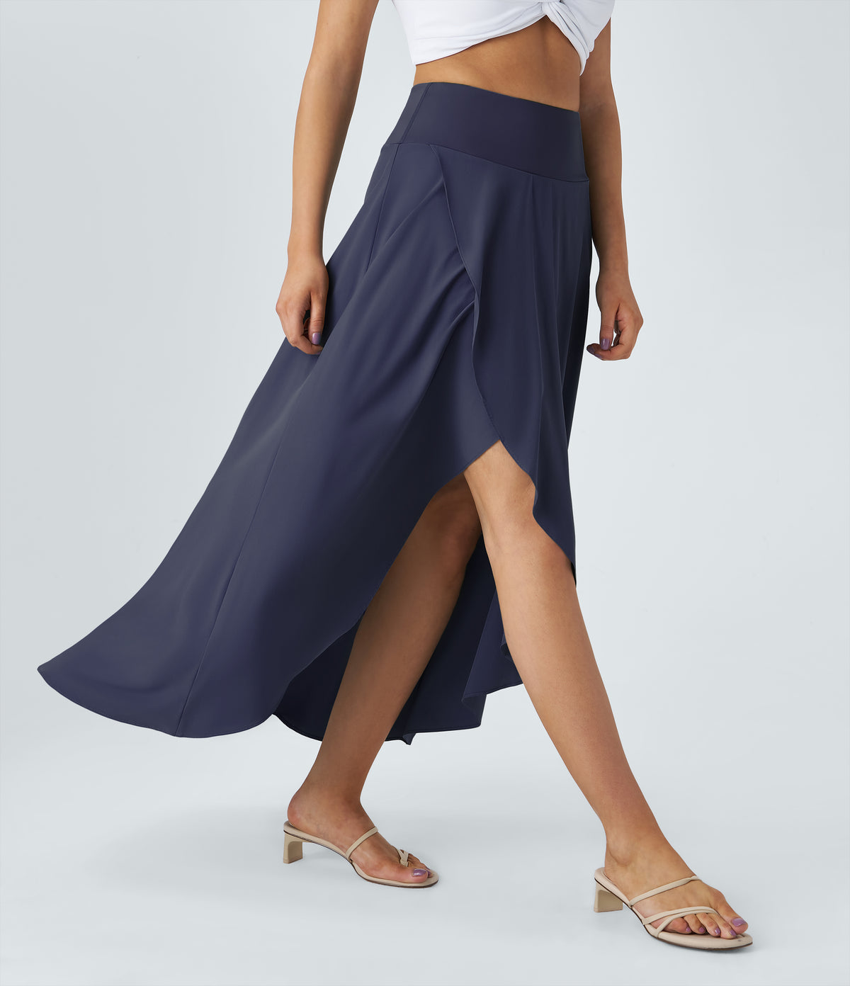 High Waisted High Low Ruffle 2-in-1 Flowy Quick Dry Casual Regular Maxi Skirt — Patriot Blue — view 4