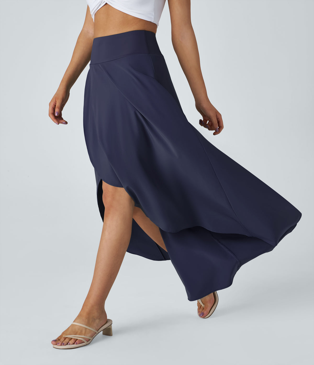 High Waisted High Low Ruffle 2-in-1 Flowy Quick Dry Casual Regular Maxi Skirt — Patriot Blue — view 1