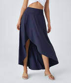 High Waisted High Low Ruffle 2-in-1 Flowy Quick Dry Casual Regular Maxi Skirt — Patriot Blue — view 3