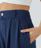 High Waisted Button Zipper Side Pocket Split Hem Wide Leg Casual Trousers — Indigo Blue Denim — view 4