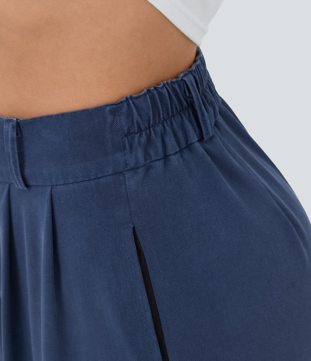 High Waisted Button Zipper Side Pocket Split Hem Wide Leg Casual Trousers — Indigo Blue Denim — view 5