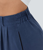 High Waisted Button Zipper Side Pocket Split Hem Wide Leg Casual Trousers — Indigo Blue Denim — view 5