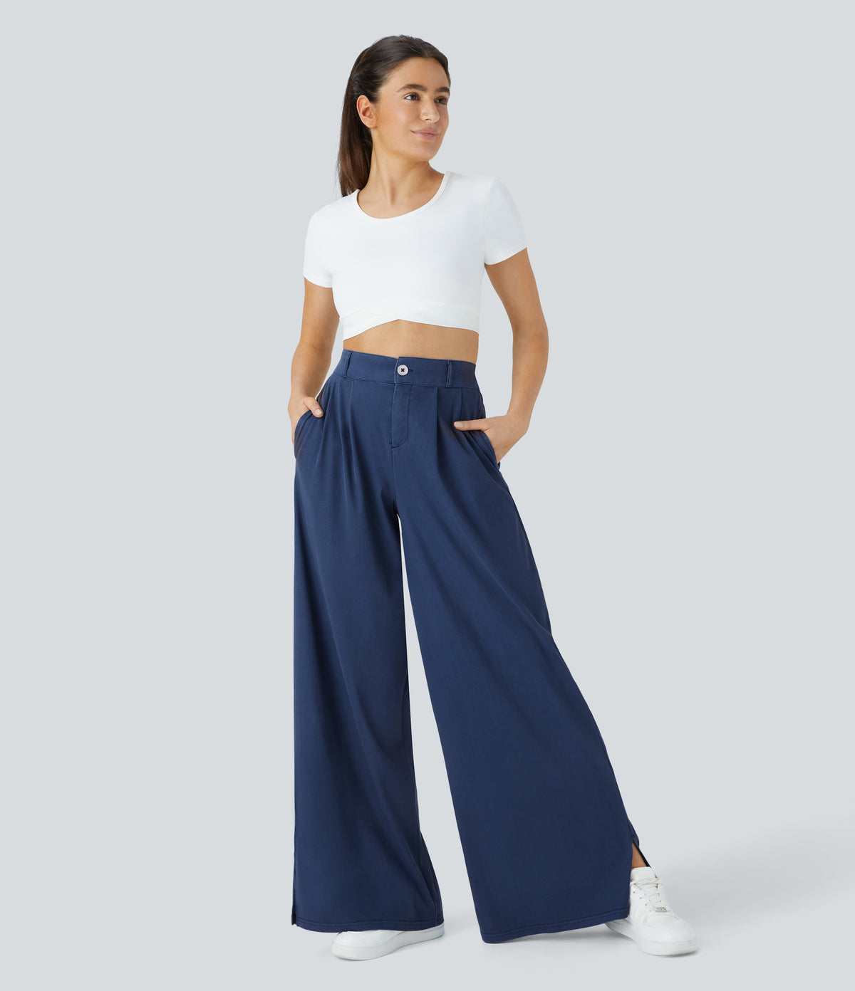 High Waisted Button Zipper Side Pocket Split Hem Wide Leg Casual Trousers — Indigo Blue Denim — view 7