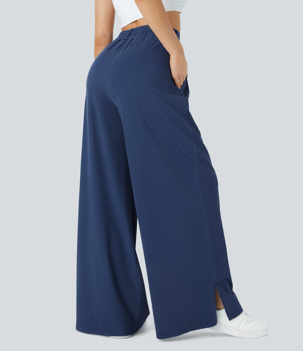 High Waisted Button Zipper Side Pocket Split Hem Wide Leg Casual Trousers — Indigo Blue Denim — view 2