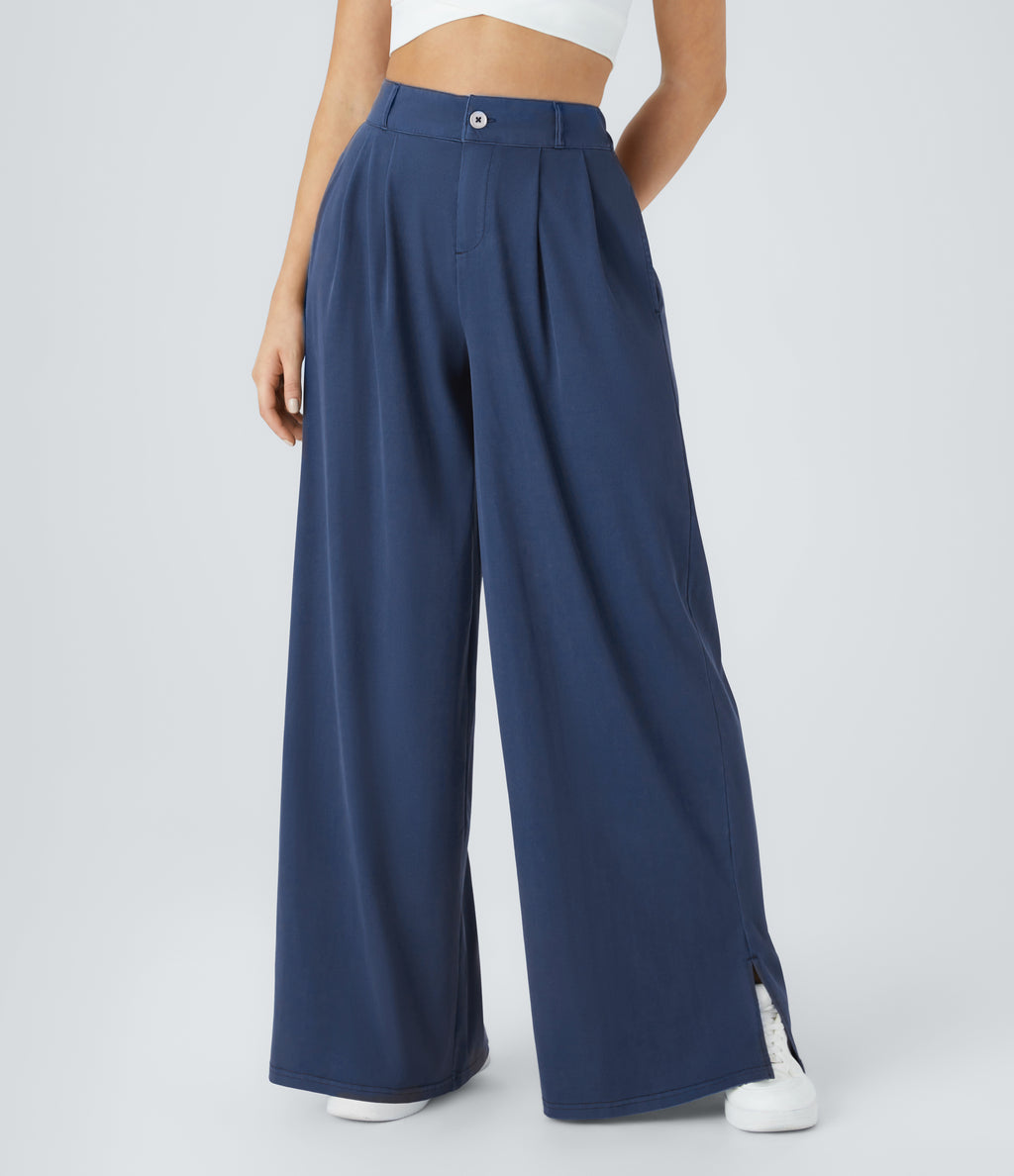 High Waisted Button Zipper Side Pocket Split Hem Wide Leg Casual Trousers — Indigo Blue Denim — view 3