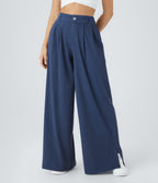 High Waisted Button Zipper Side Pocket Split Hem Wide Leg Casual Trousers — Indigo Blue Denim — view 3