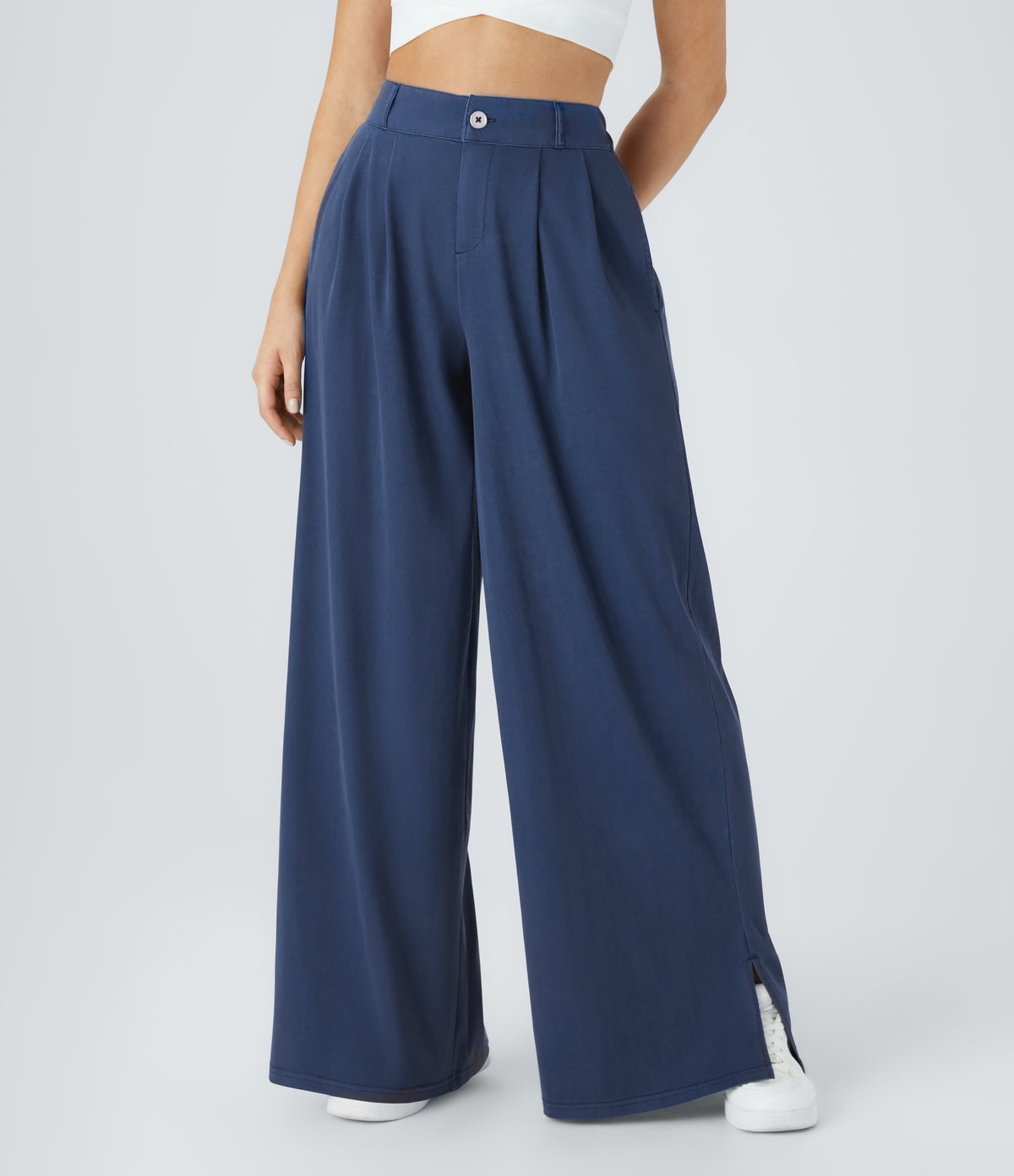 High Waisted Button Zipper Side Pocket Split Hem Wide Leg Casual Trousers — Indigo Blue Denim — view 3