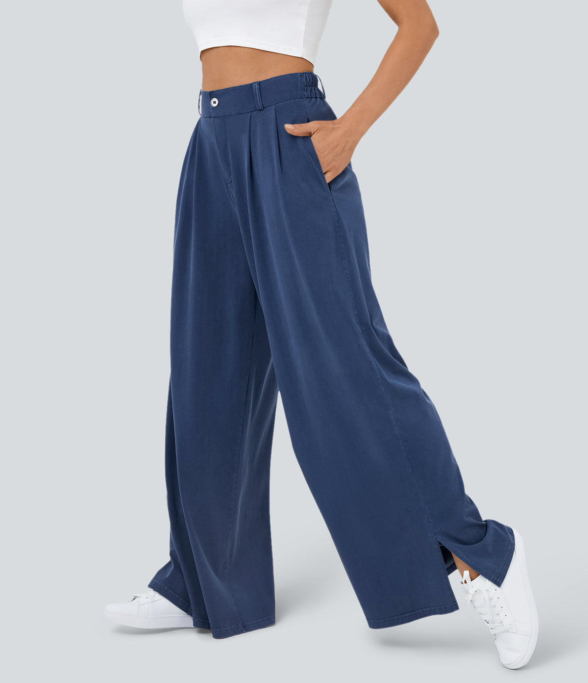 High Waisted Button Zipper Side Pocket Split Hem Wide Leg Casual Trousers — Indigo Blue Denim — view 1