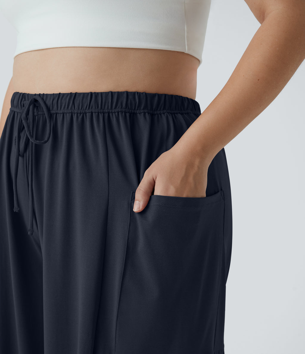 Mid Rise Elastic Waistband Drawstring Side Pocket Palazzo Flowy Wide Leg Casual Plus Size Trousers — Dark Sapphire — view 4