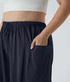 Mid Rise Elastic Waistband Drawstring Side Pocket Palazzo Flowy Wide Leg Casual Plus Size Trousers — Dark Sapphire — view 4
