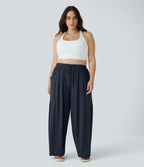 Mid Rise Elastic Waistband Drawstring Side Pocket Palazzo Flowy Wide Leg Casual Plus Size Trousers — Dark Sapphire — view 5