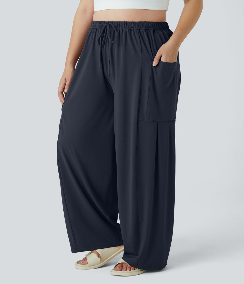 Mid Rise Elastic Waistband Drawstring Side Pocket Palazzo Flowy Wide Leg Casual Plus Size Trousers — Dark Sapphire — view 1