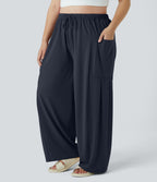 Mid Rise Elastic Waistband Drawstring Side Pocket Palazzo Flowy Wide Leg Casual Plus Size Trousers — Dark Sapphire — view 1