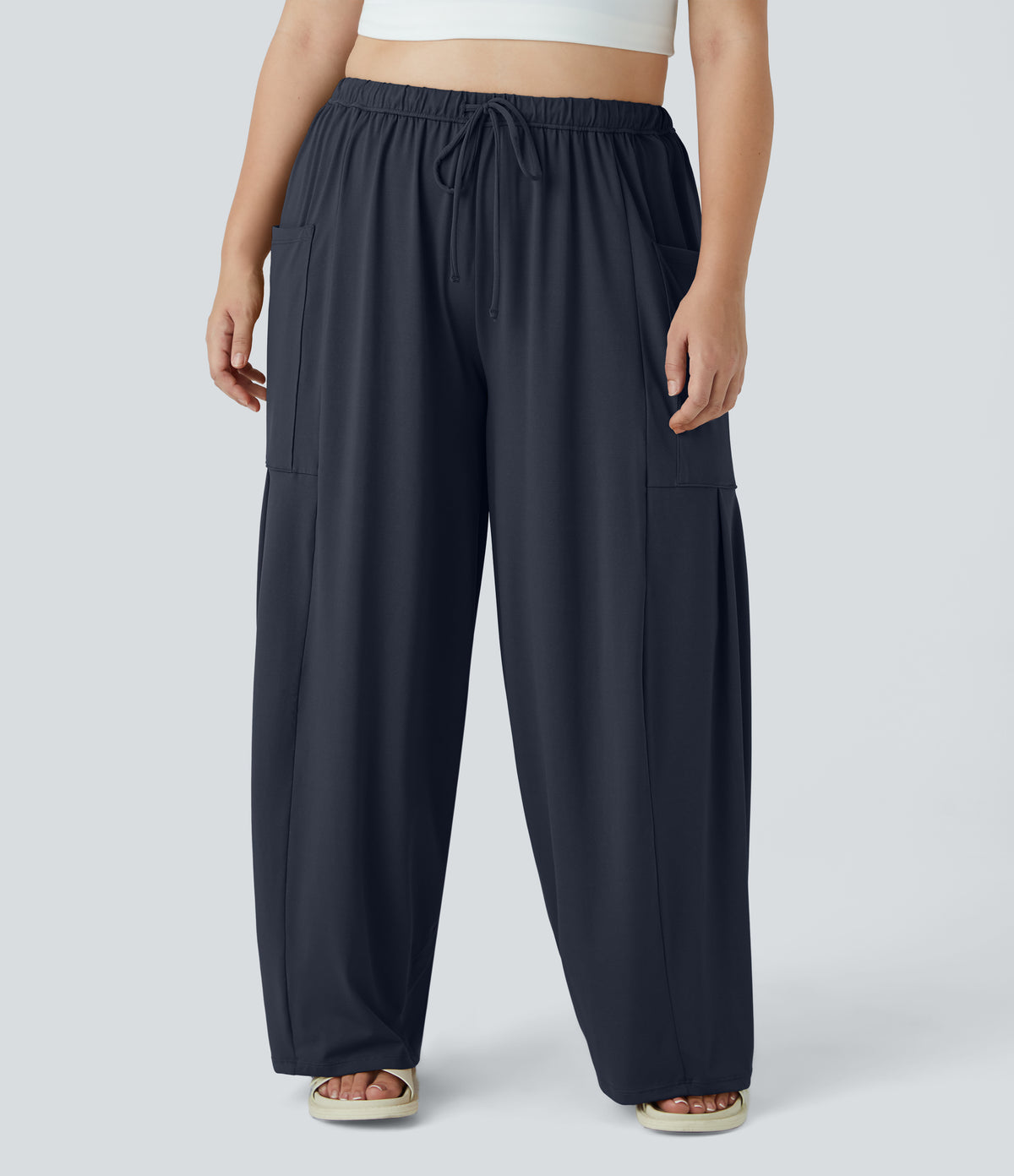 Mid Rise Elastic Waistband Drawstring Side Pocket Palazzo Flowy Wide Leg Casual Plus Size Trousers — Dark Sapphire — view 3