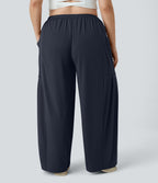 Mid Rise Elastic Waistband Drawstring Side Pocket Palazzo Flowy Wide Leg Casual Plus Size Trousers — Dark Sapphire — view 2