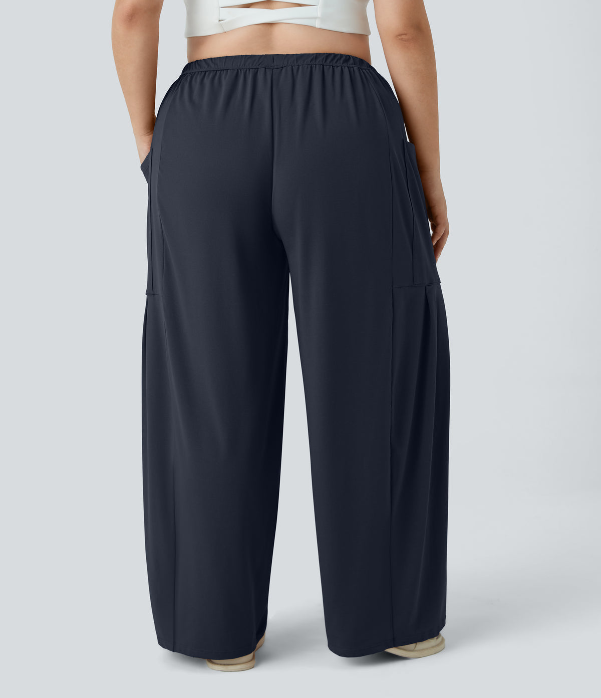 Mid Rise Elastic Waistband Drawstring Side Pocket Palazzo Flowy Wide Leg Casual Plus Size Trousers — Dark Sapphire — view 2